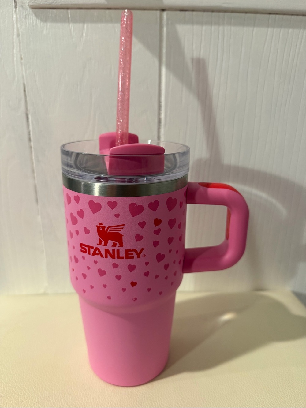 Stanley Pink Heart Travel Tumbler with Handle and Glitter Straw